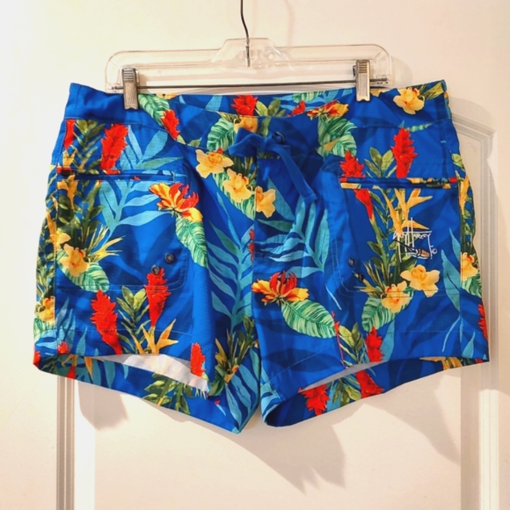 Guy Harvey Board Shorts Tropical Parrot Blue Red Floral Beach 4" Size 12